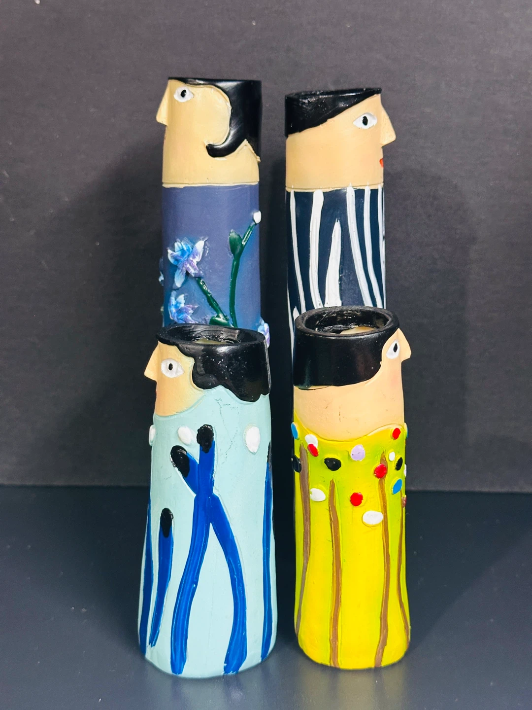 Family Face Bud Vase Folk Art Hand Painted And Carved Character - photo 3