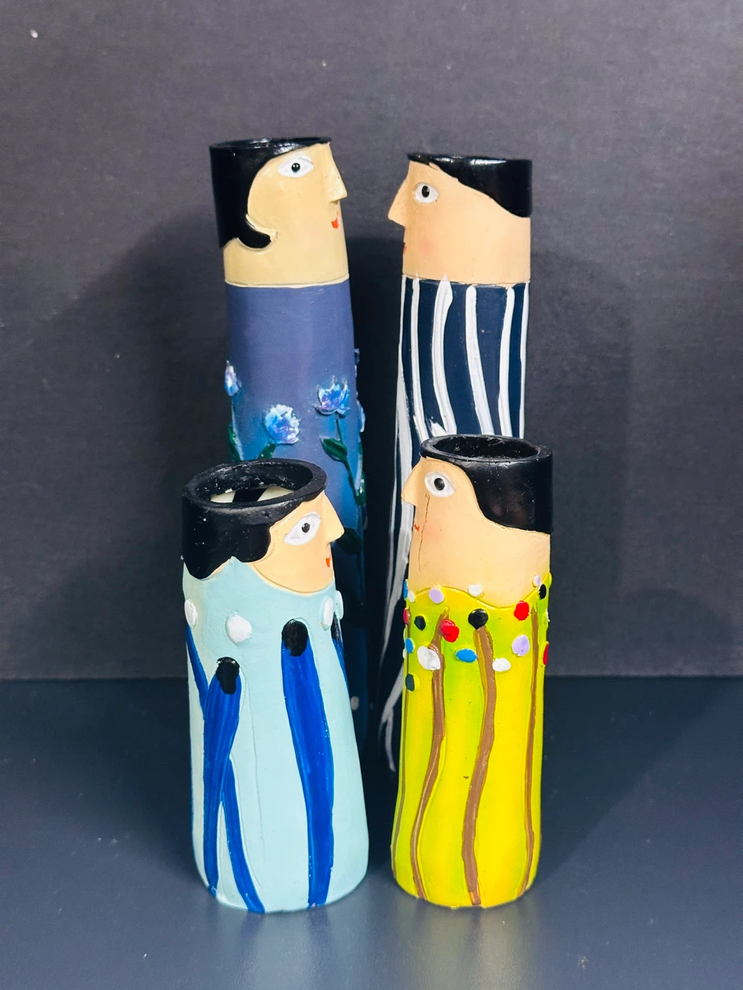 Family Face Bud Vase Folk Art Hand Painted And Carved Character - photo 2