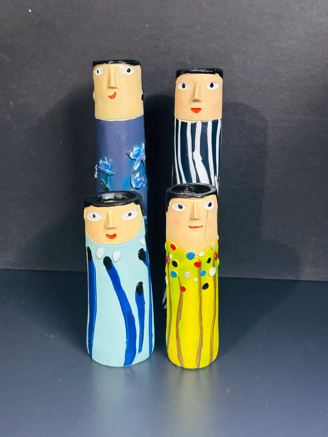Family Face Bud Vase Folk Art Hand Painted And Carved Character