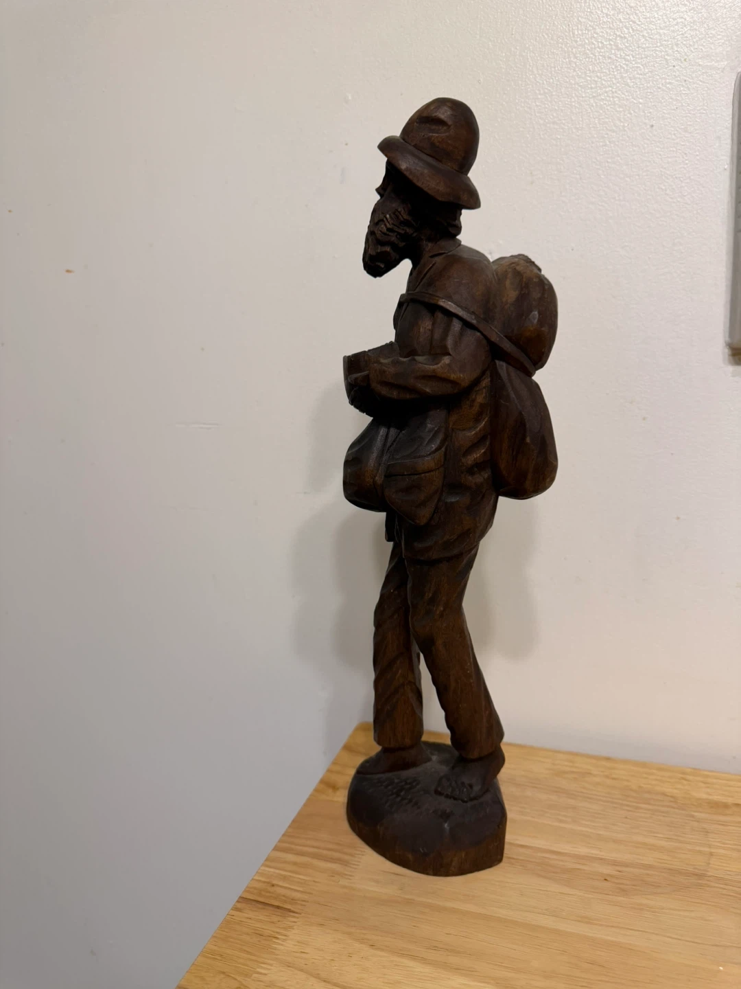 Vintage Hand Carved Wooden Figurine of a Man with Bags - photo 3