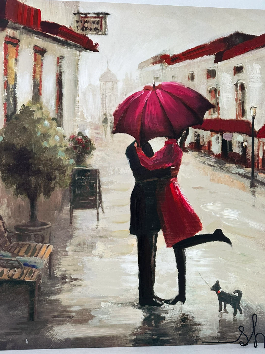 Painting of Couple Kissing Under Umbrella