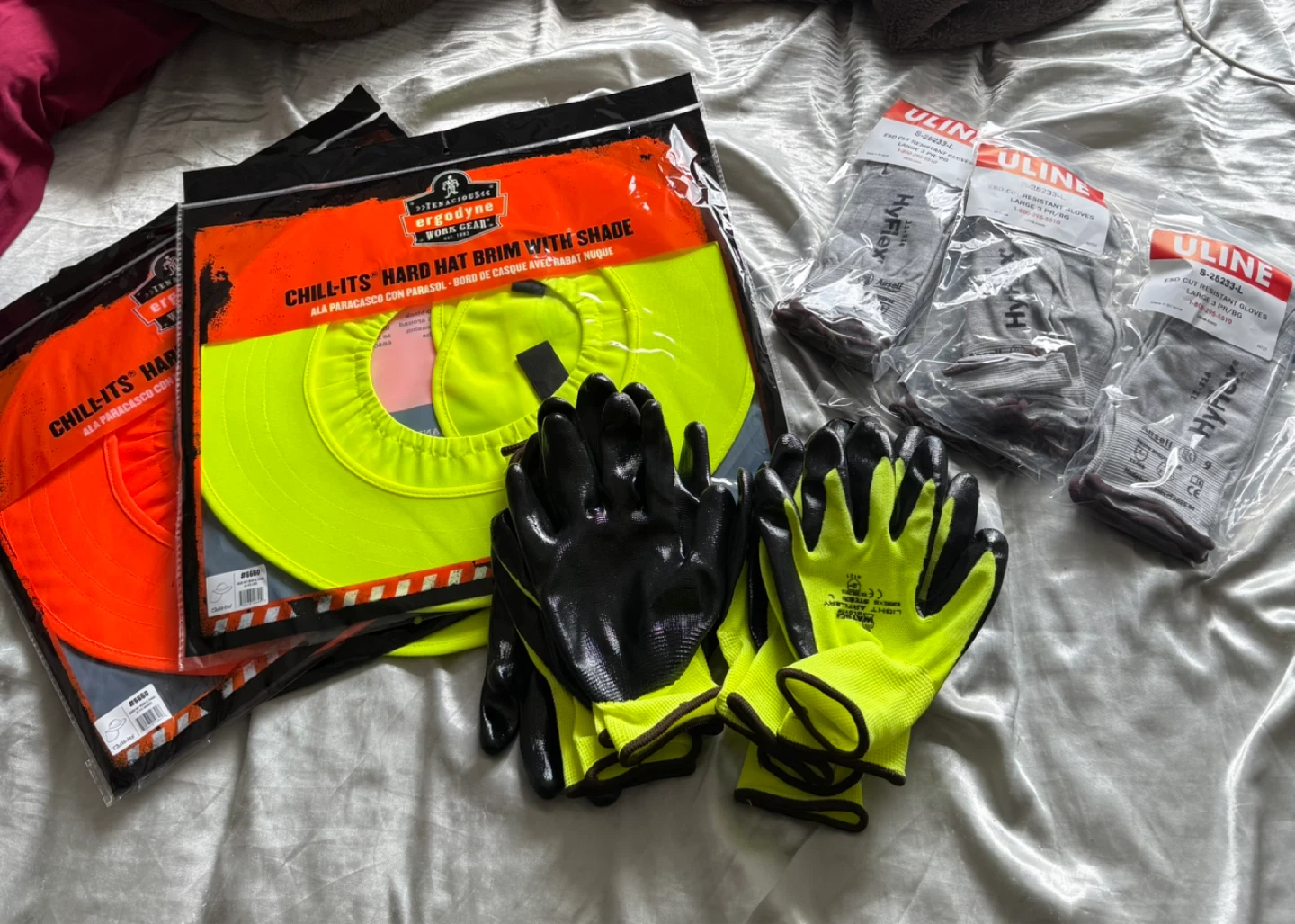 Ergodyne Chill-Its Hard Hat Brims and Uline HyFlex Gloves