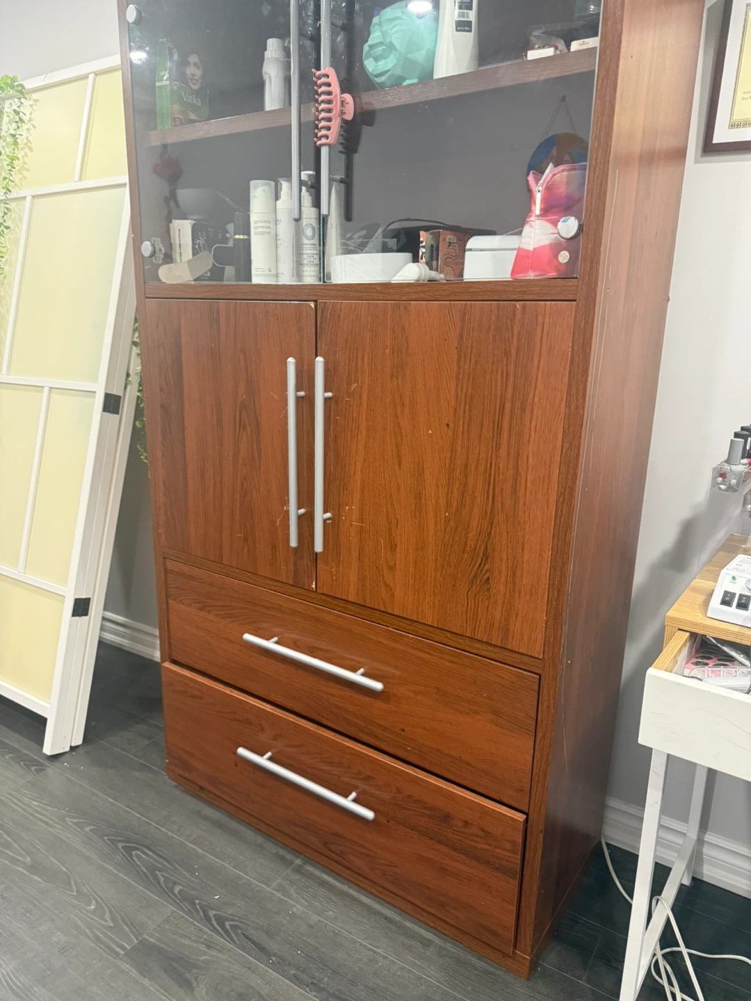 Wooden Storage Cabinet with Glass Doors