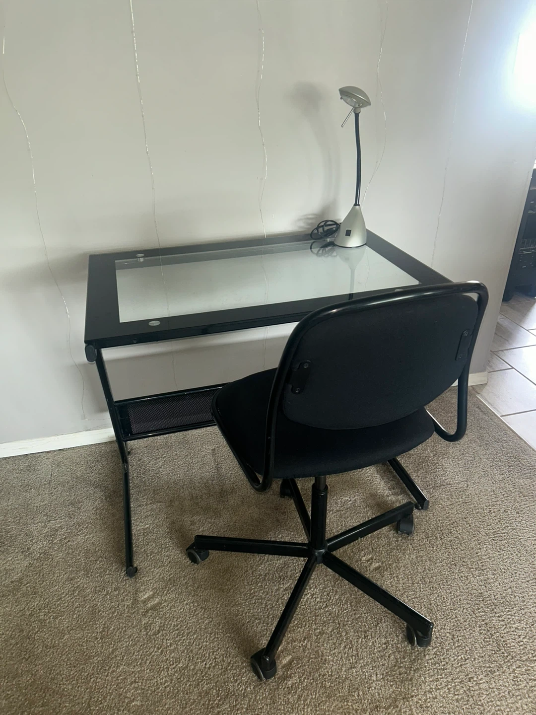 Glass Top Desk with Swivel Chair and Lamp