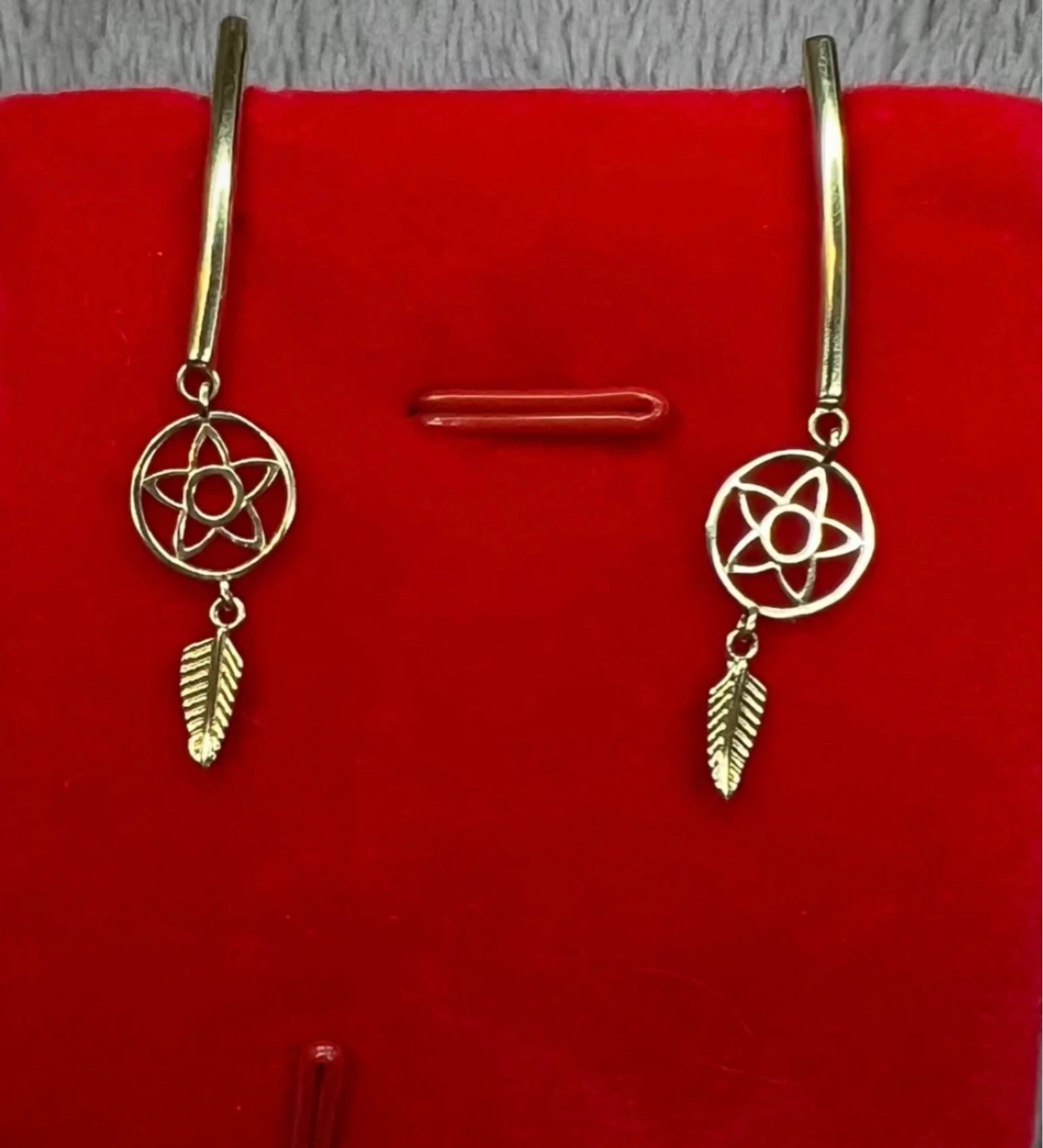Saudi Gold Tone Real 18k Dreamcatcher Feather Dangle Earrings