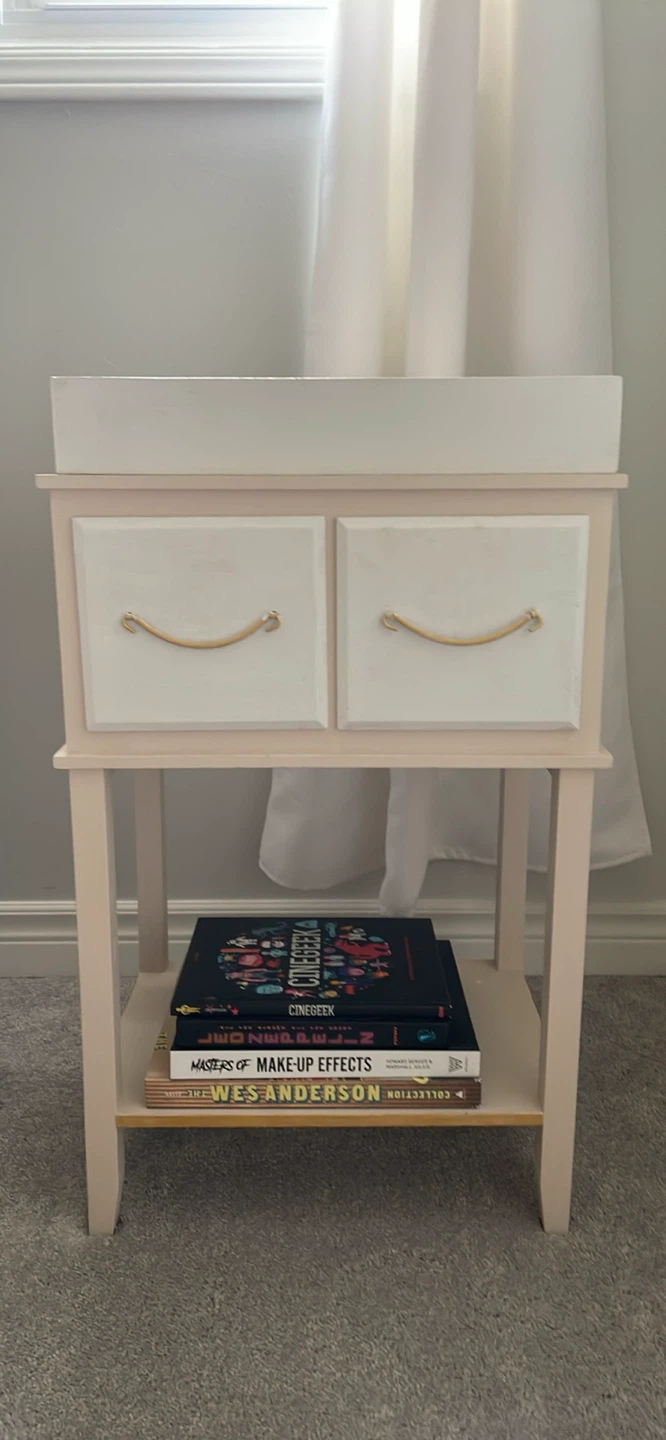 Pink and White Side Table with Drawers