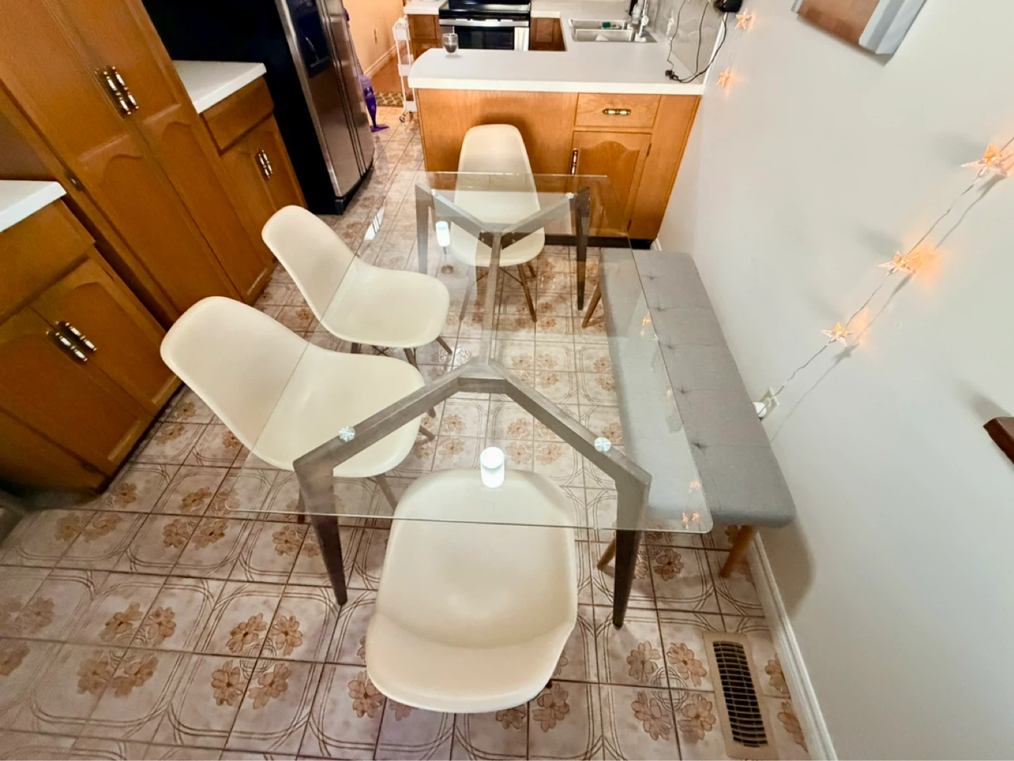 Glass Top Dining Table with 4 Chairs and Bench