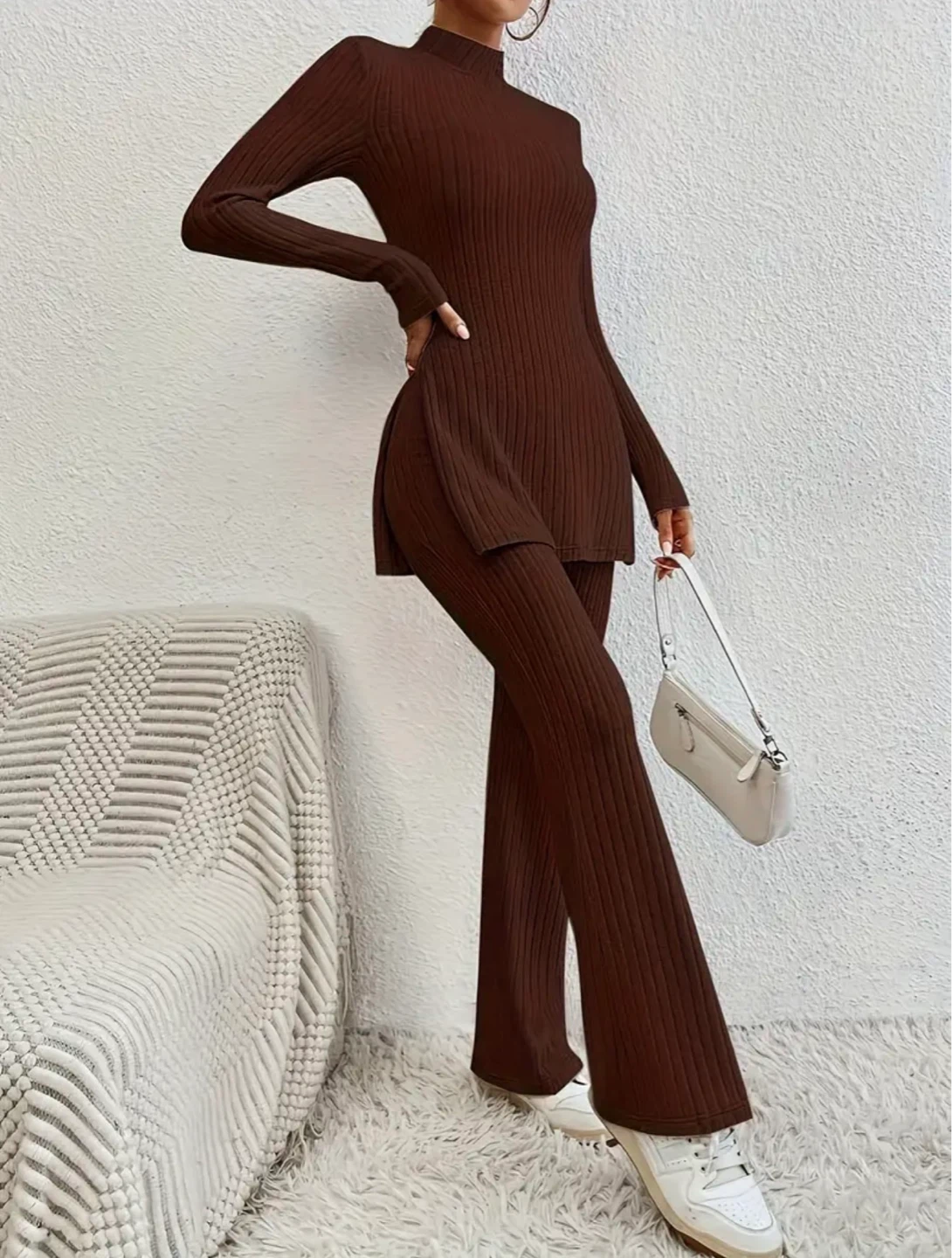 New Brown Ribbed Knit Set