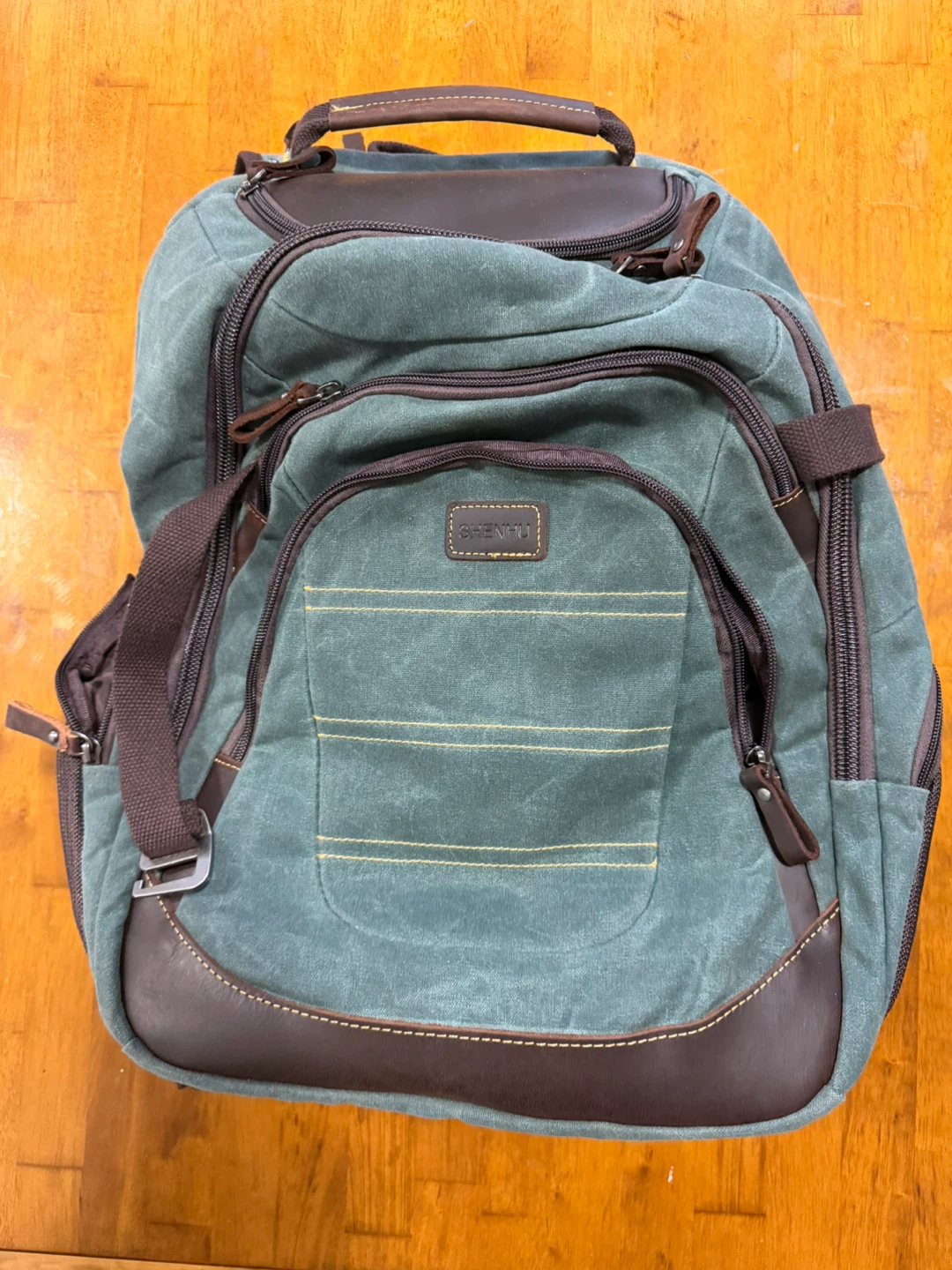 SHENHU Green Canvas Backpack with Brown Leather Accents