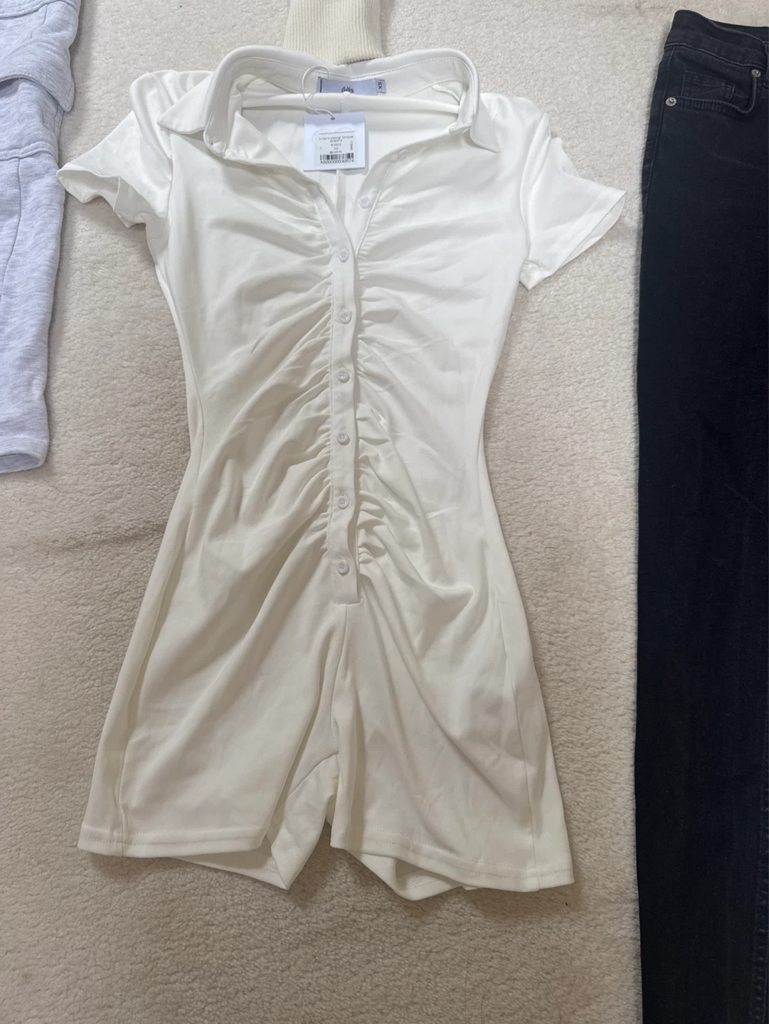 White Ruched Button-Up Romper - Adika XS