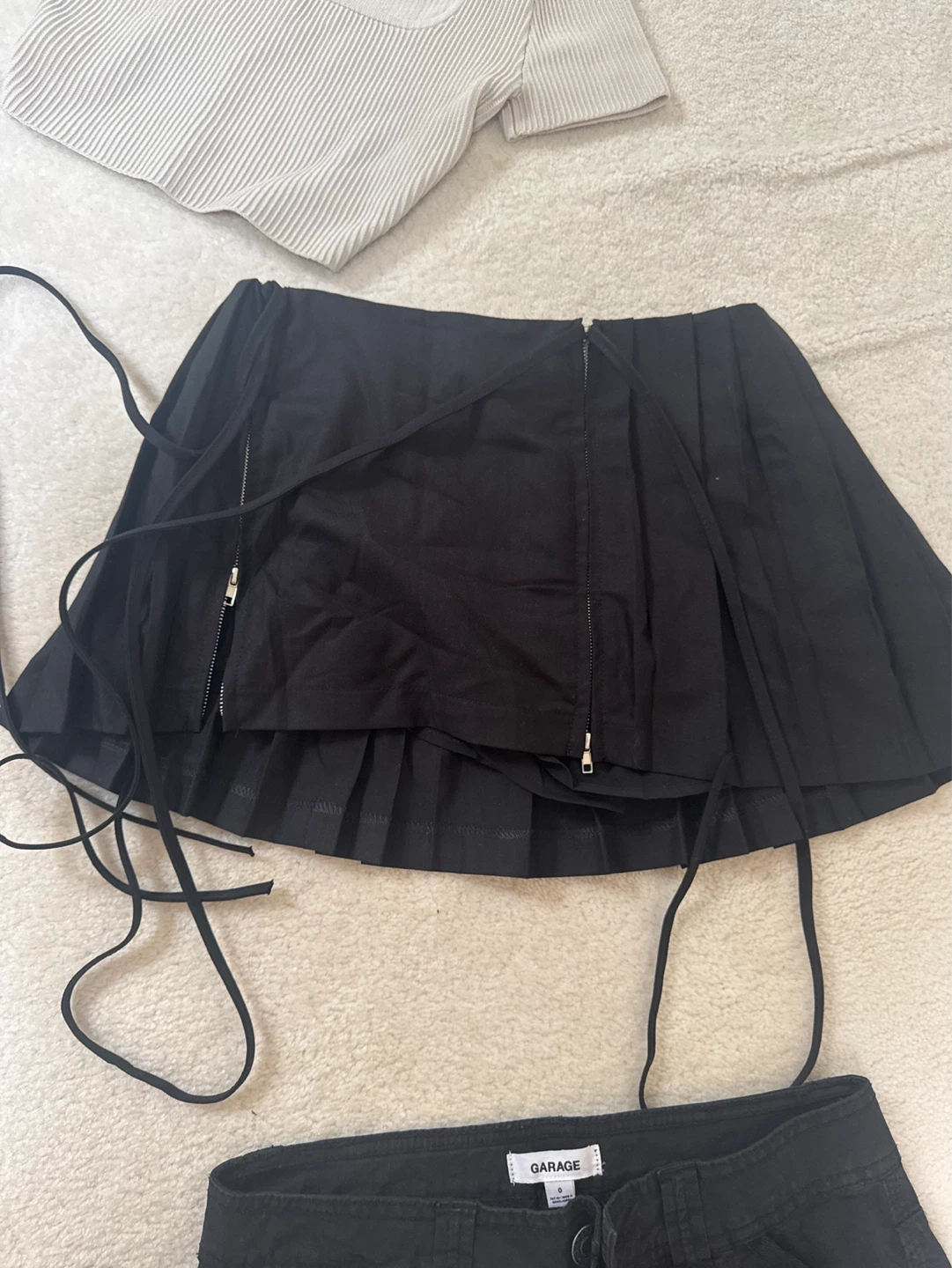 Black Pleated Mini Skirt with Tie Detail