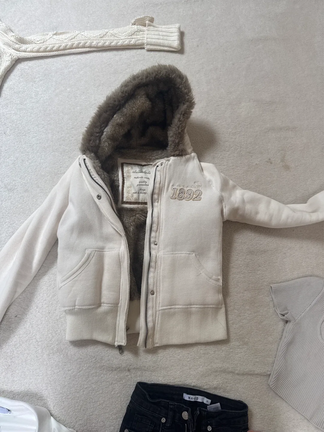 Abercrombie & Fitch Cream Faux Fur Lined Hoodie