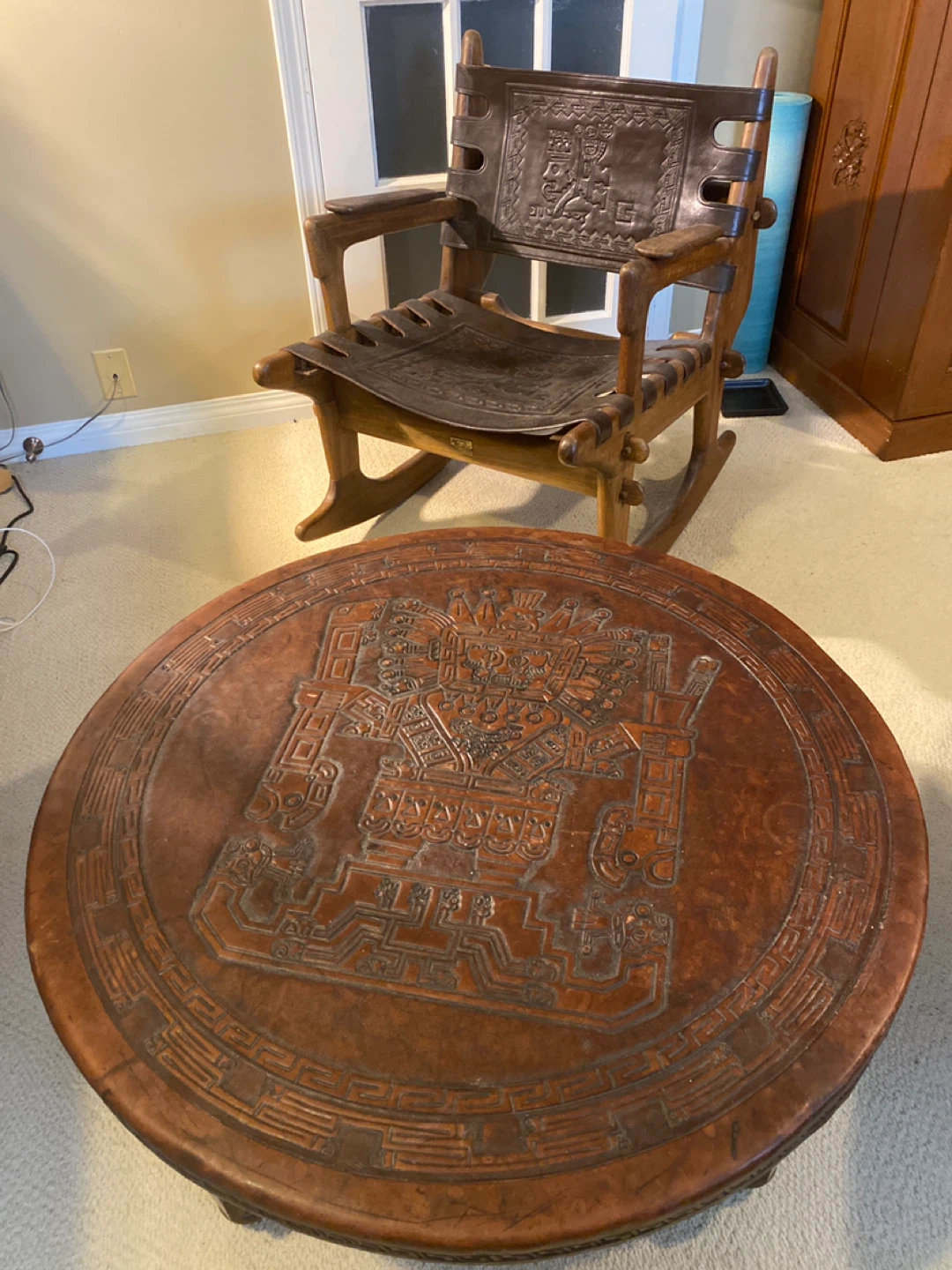 Vintage Embossed Leather Rocking Chair and Coffee Table Set