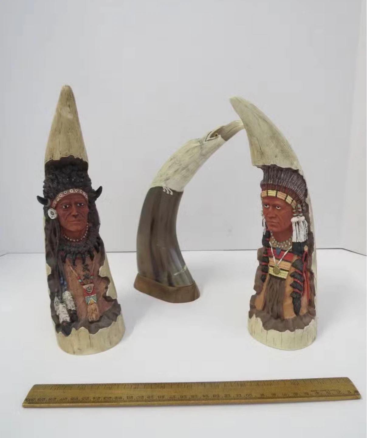Native American Indian Chief Horn Carving Sculpture Set