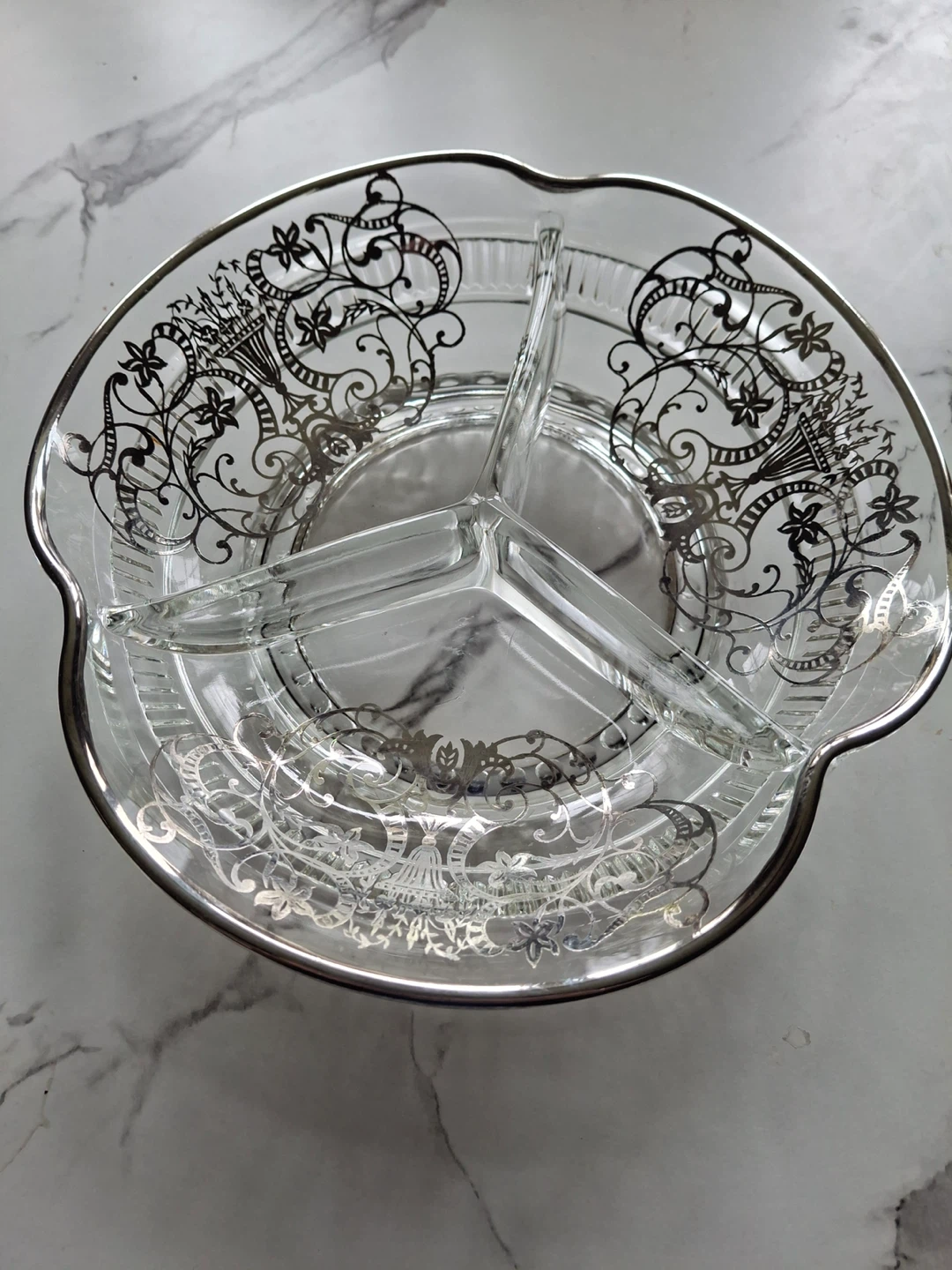 Glass divided serving dish with silver overlay
