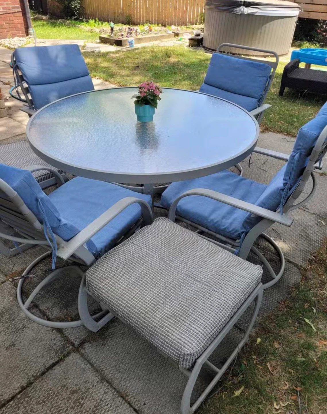 Patio Dining Set with Glass Table and Blue Cushions - photo 2