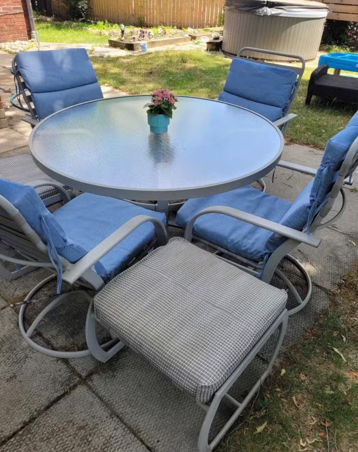 Patio Dining Set with Glass Table and Blue Cushions - photo 2