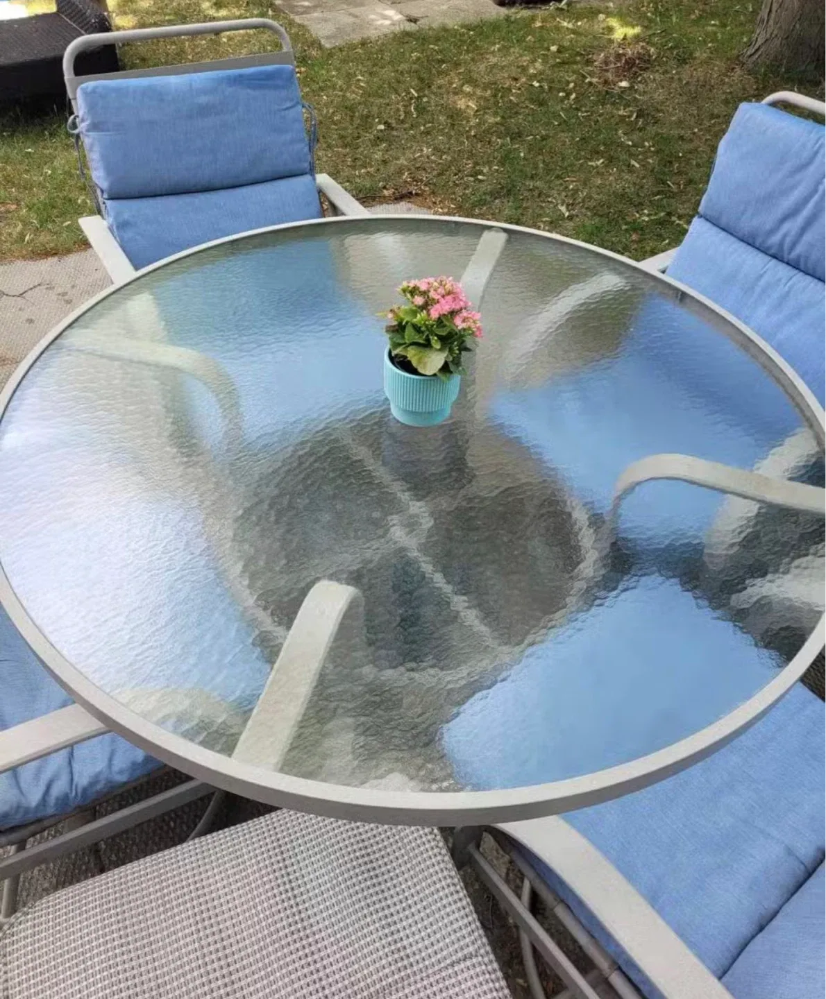 Patio Dining Set with Glass Table and Blue Cushions - photo 4