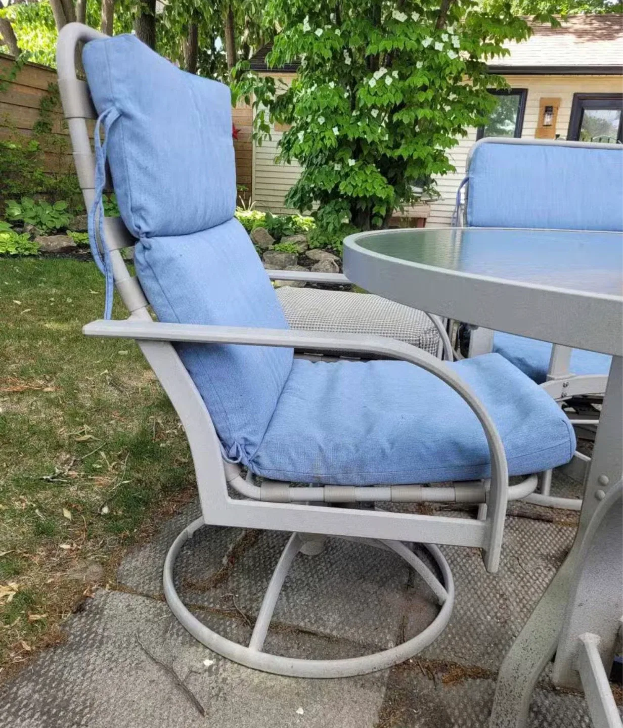Patio Dining Set with Glass Table and Blue Cushions - photo 5