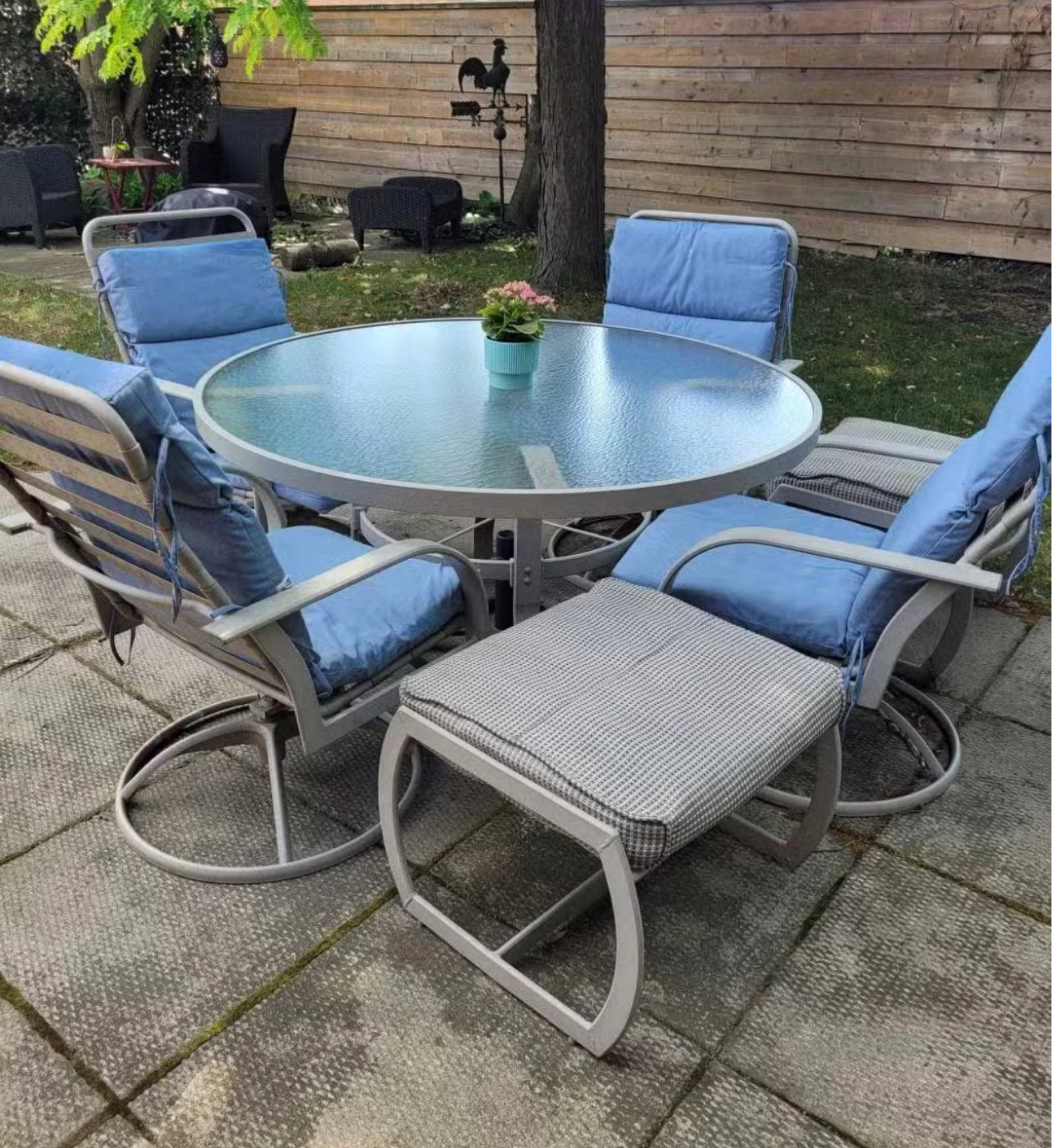 Patio Dining Set with Glass Table and Blue Cushions