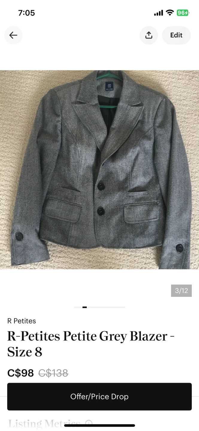 R-Petites Petite Grey Blazer - Size 8