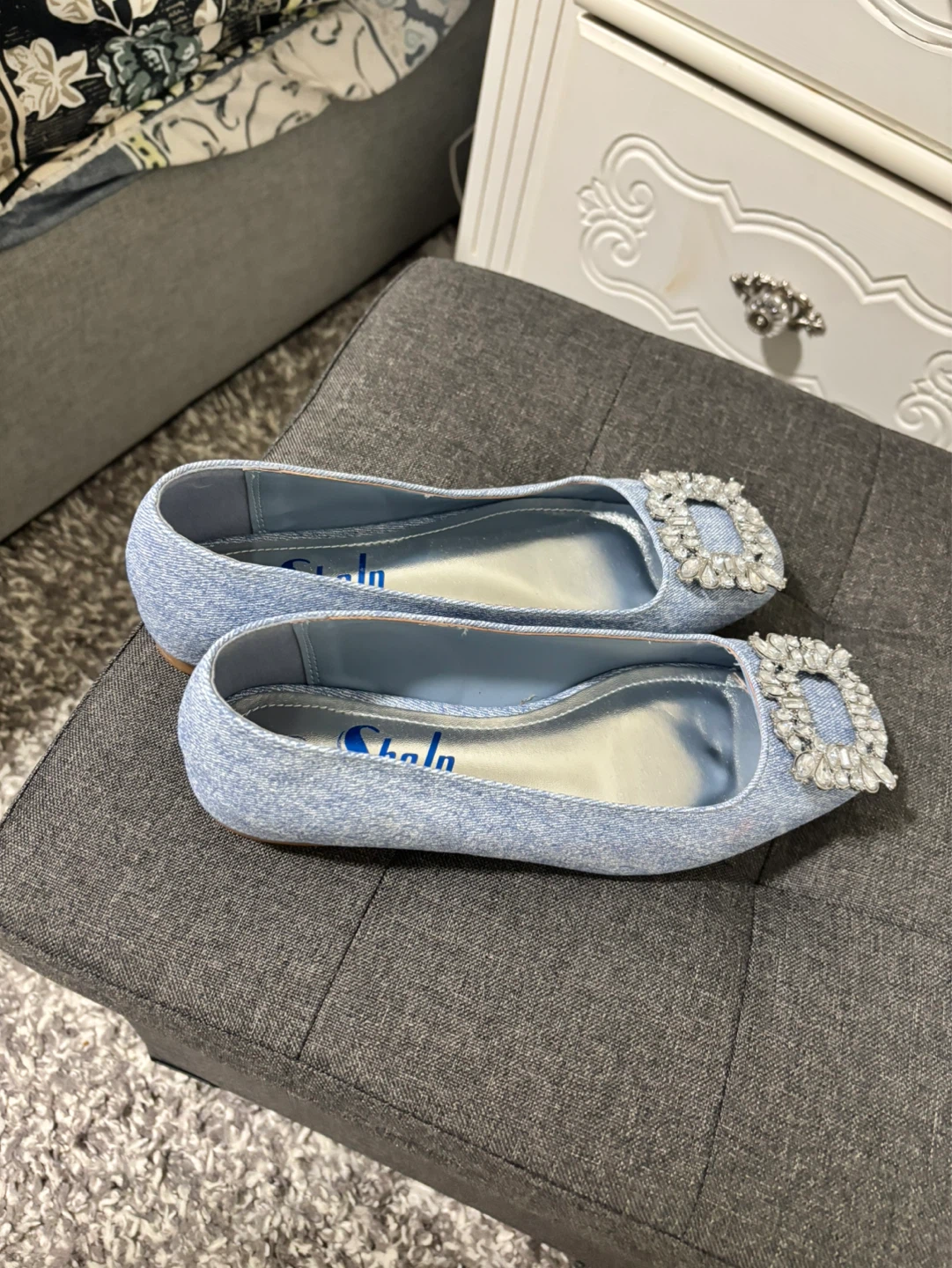 Shein Blue Denim Ballet Flats with Rhinestone Buckle