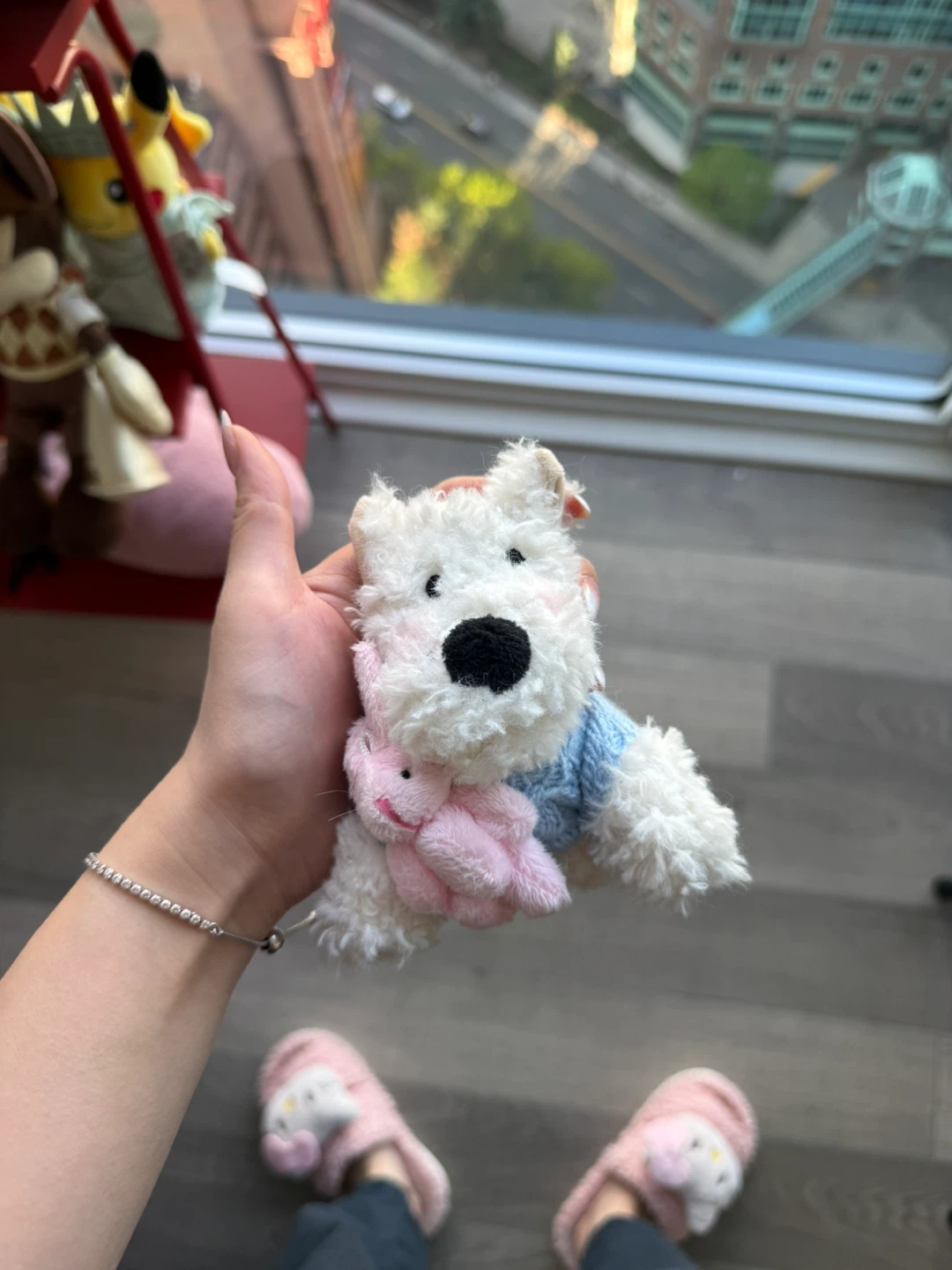 Plush Dog Keychain with Pink Bunny Accessory