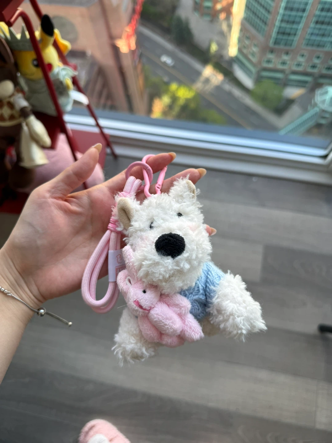 Plush Dog Keychain with Pink Bunny Accessory - photo 3