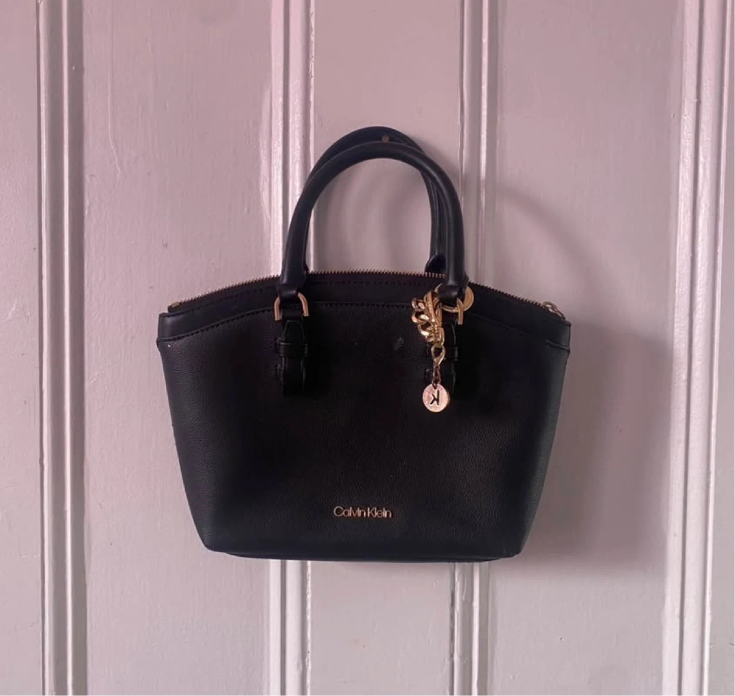 Calvin Klein Black Leather Dome Satchel Handbag