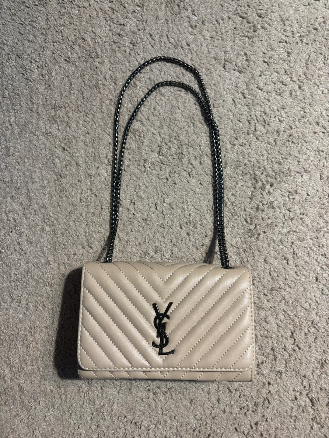 Yves Saint Laurent Chevron Wallet on Chain Beige Leather