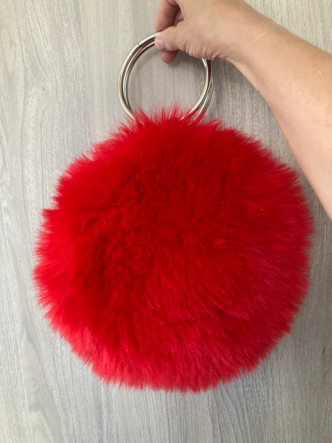 Red Faux Fur Round Bag with Ring Handle