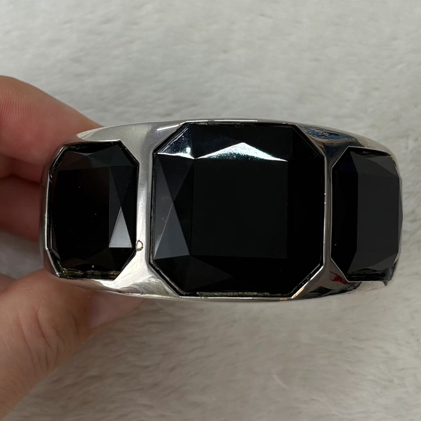 Chunky Silver Tone Hinged Bangle Bracelet Black Stone Statement - photo 2