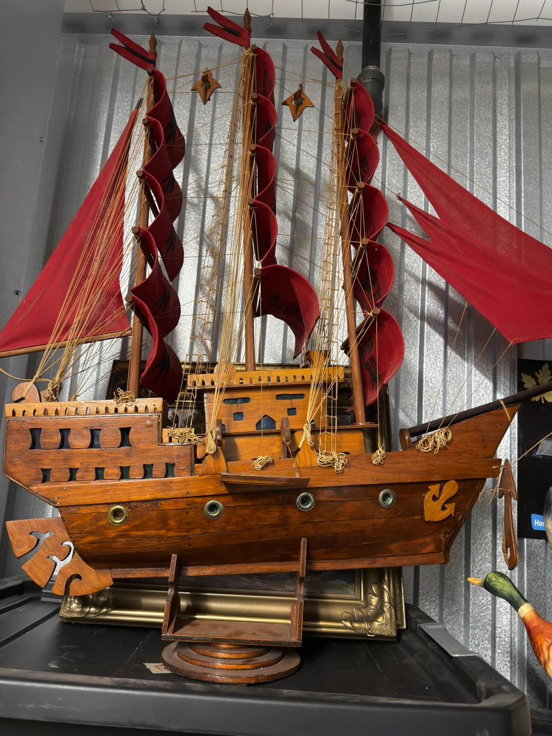 Wooden Tall Ship Model with Red Sails