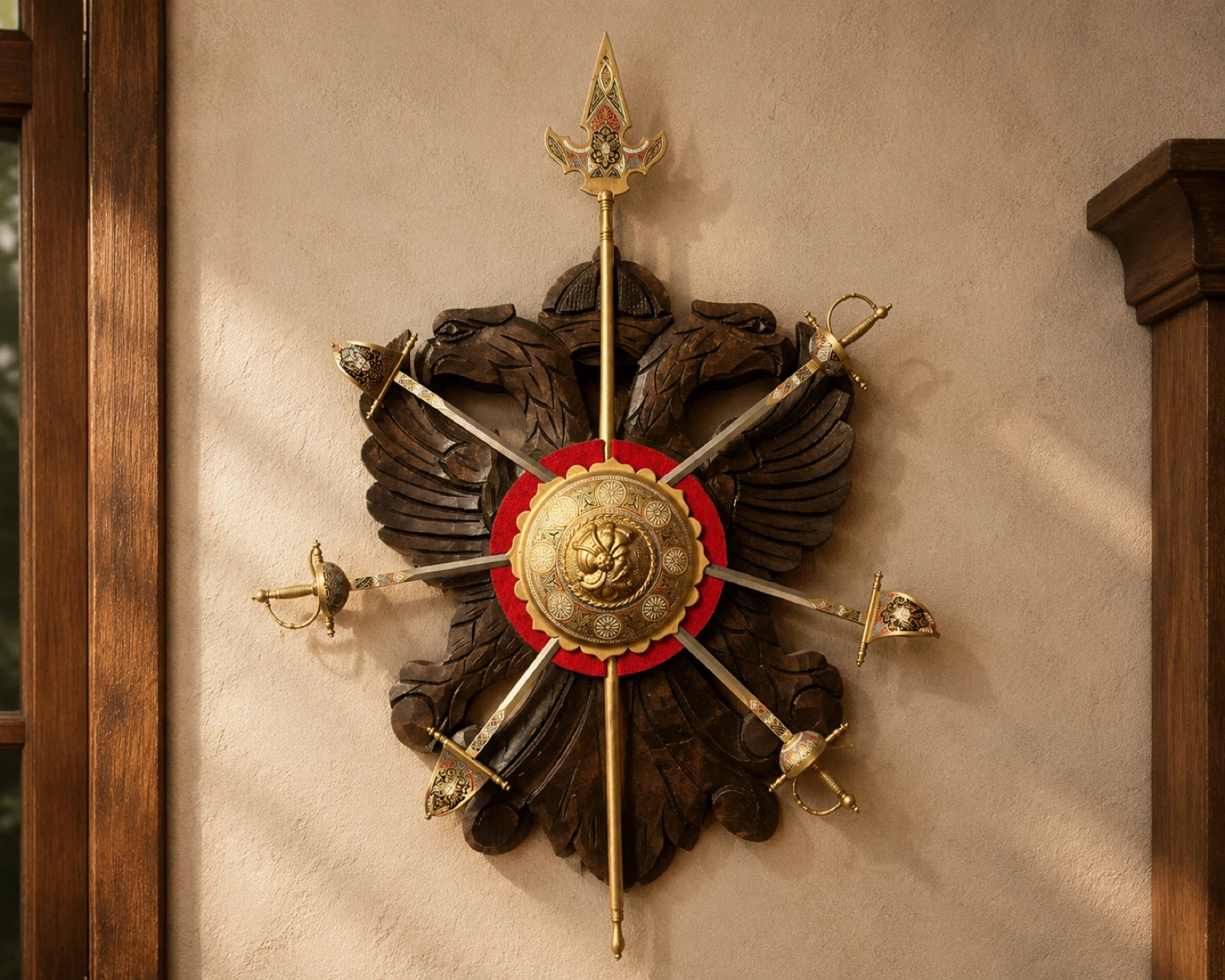 Carved Double Eagle Wall Plaque with Swords