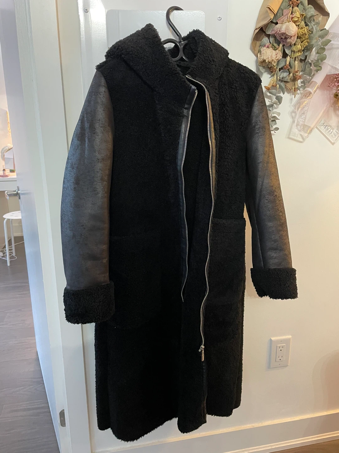 Black Faux Fur & Faux Leather Long Coat