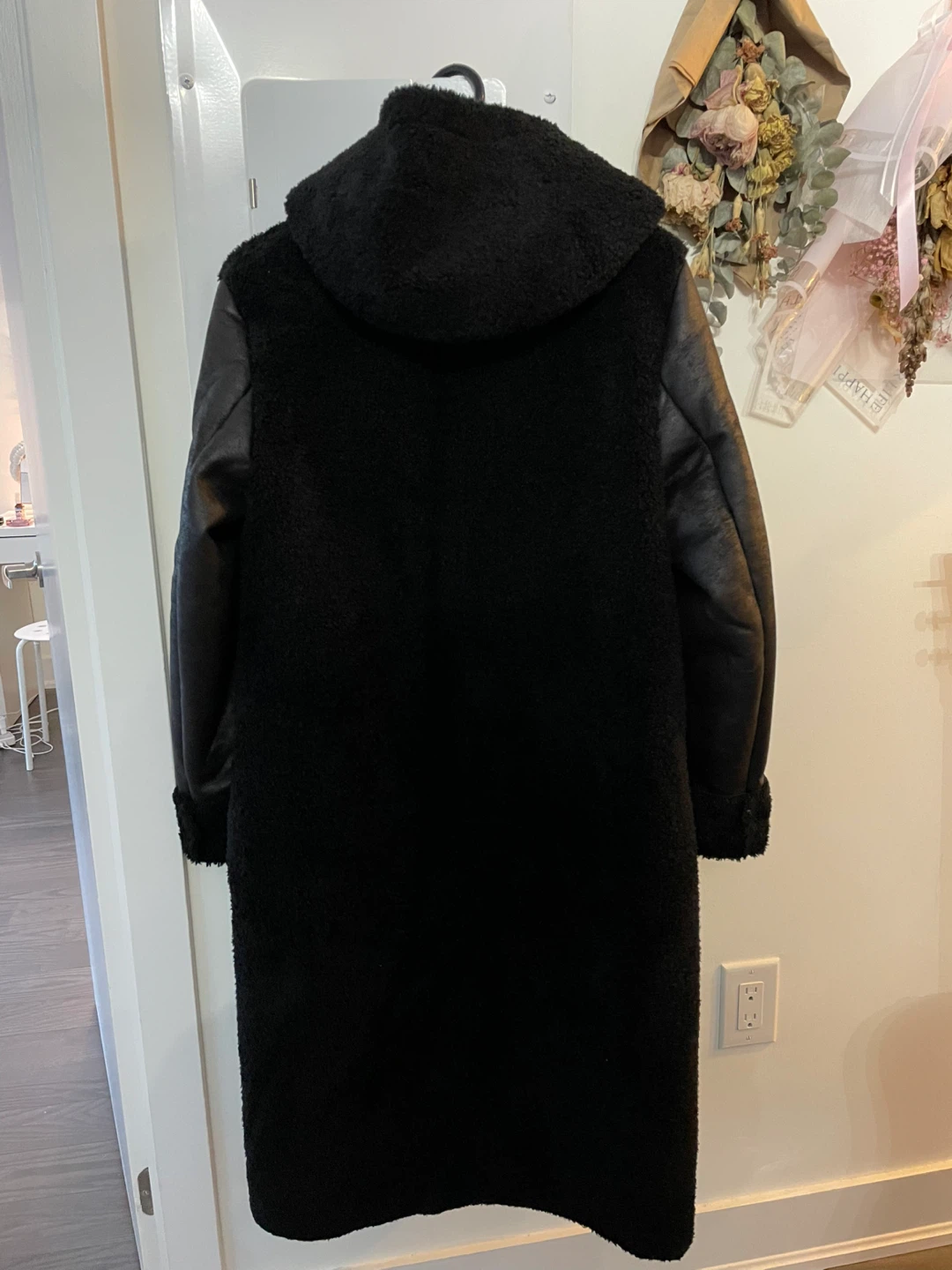 Black Faux Fur & Faux Leather Long Coat - photo 2