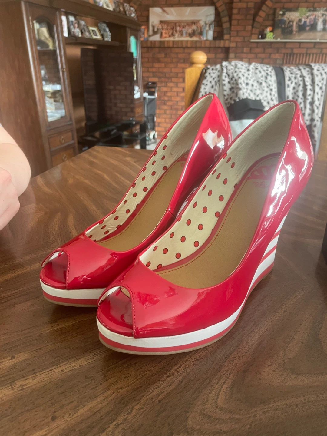 Red Wedge Heels with White Stripes