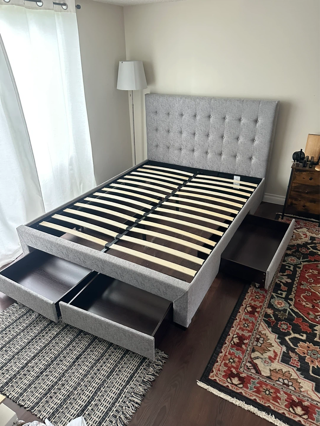 Fabric Queen size bed frame +4 drawers +Free delivery