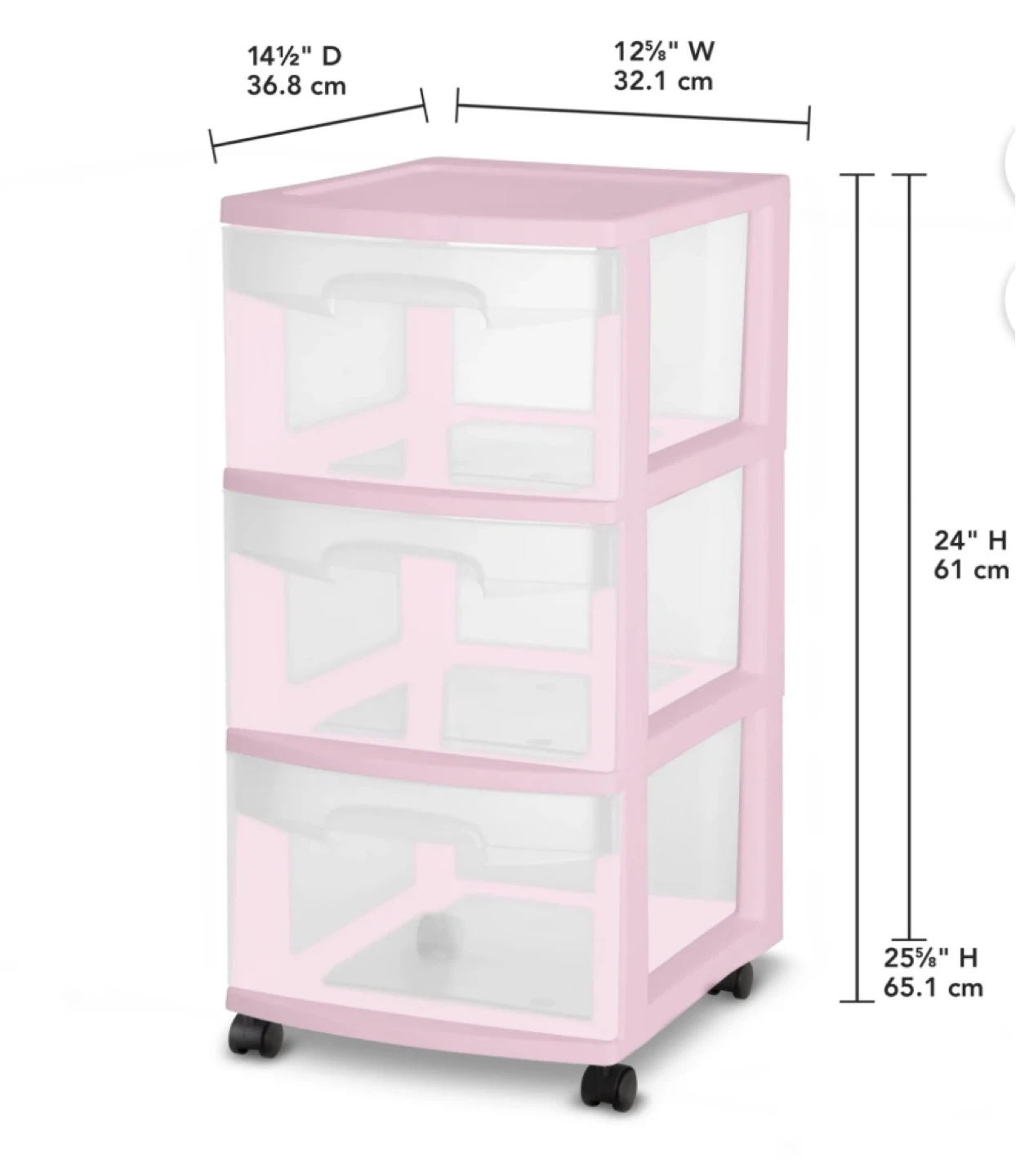3-Drawer Pink Plastic Storage Cart