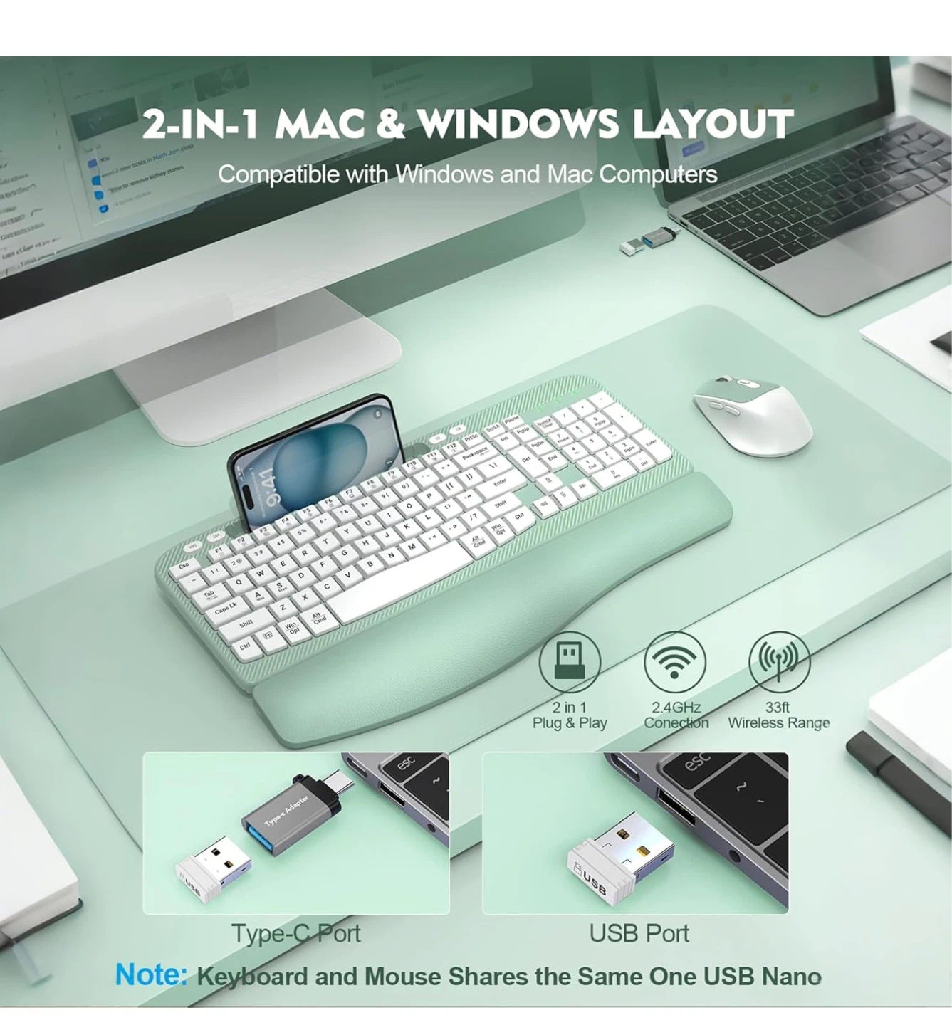 Wireless Keyboard and Mouse Combo with Padded Wrist Rest - photo 5