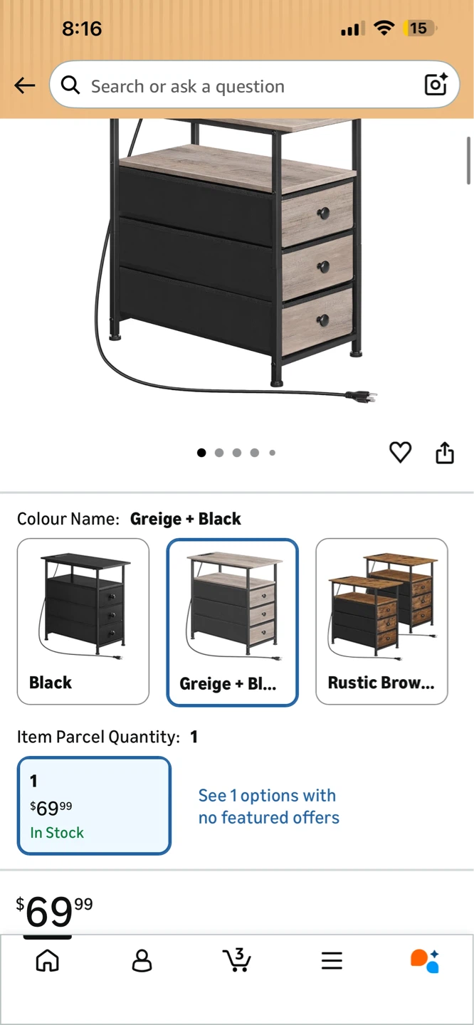 Hooqbro End Table with 3 Drawers - Greige + Black - photo 2