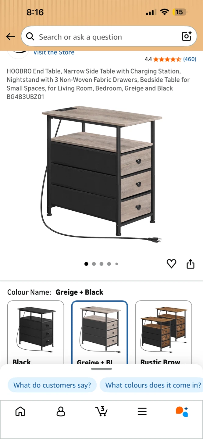 Hooqbro End Table with 3 Drawers - Greige + Black