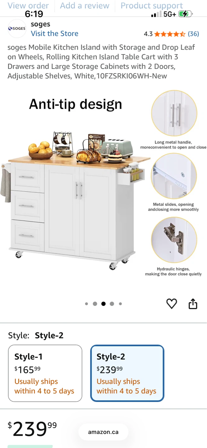 soges Mobile Kitchen Island with Storage and Drop Leaf - photo 4