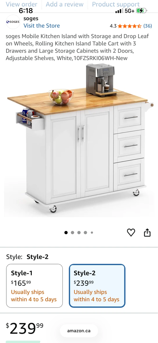 soges Mobile Kitchen Island with Storage and Drop Leaf