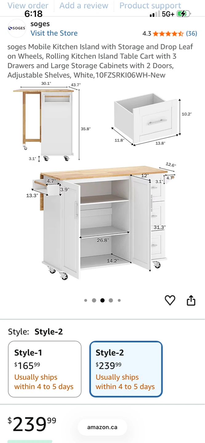 soges Mobile Kitchen Island with Storage and Drop Leaf - photo 3