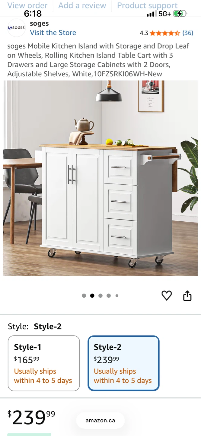 soges Mobile Kitchen Island with Storage and Drop Leaf - photo 2