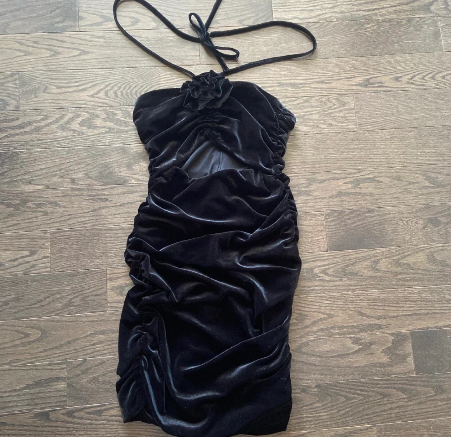 Black Velvet Ruched Halter Dress