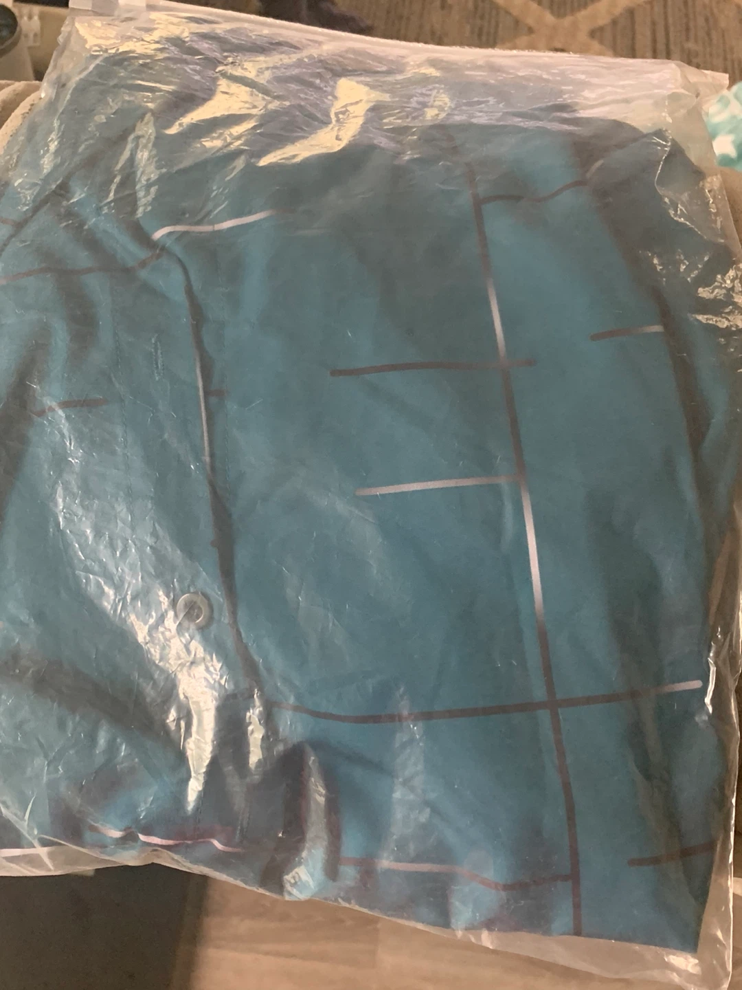 Men's Teal Grid Pattern Button-Up Shirt - Size L