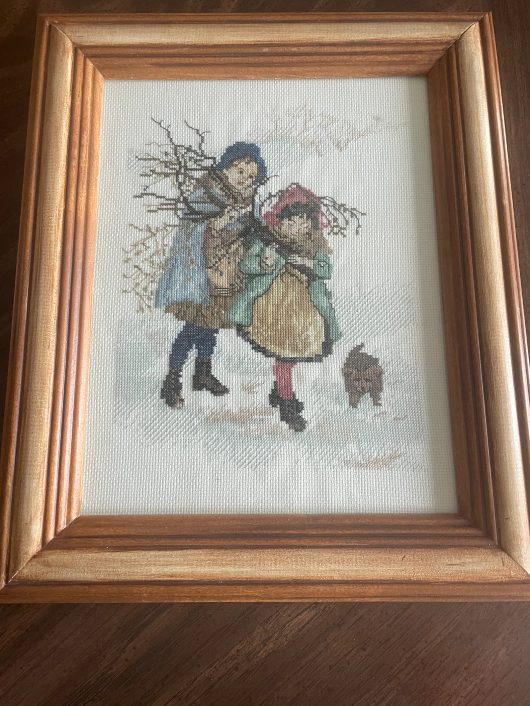 Framed Cross-Stitch Art: Two Children and a Dog in Snow - photo 2