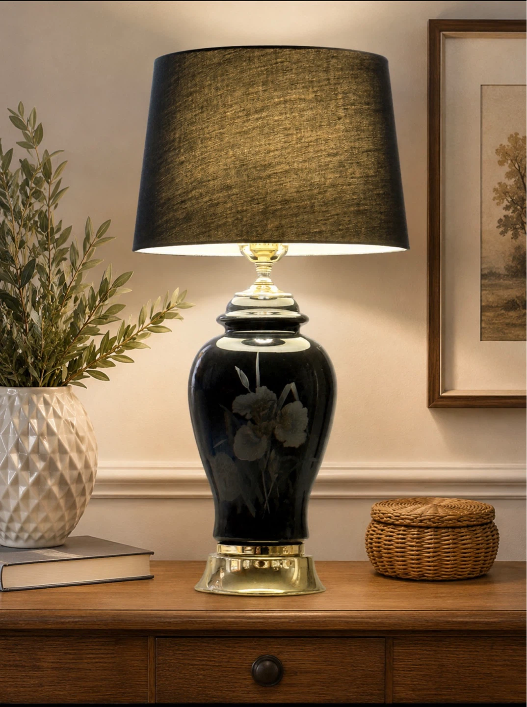 Pair of Black Ginger Jar Table Lamps with Floral Design